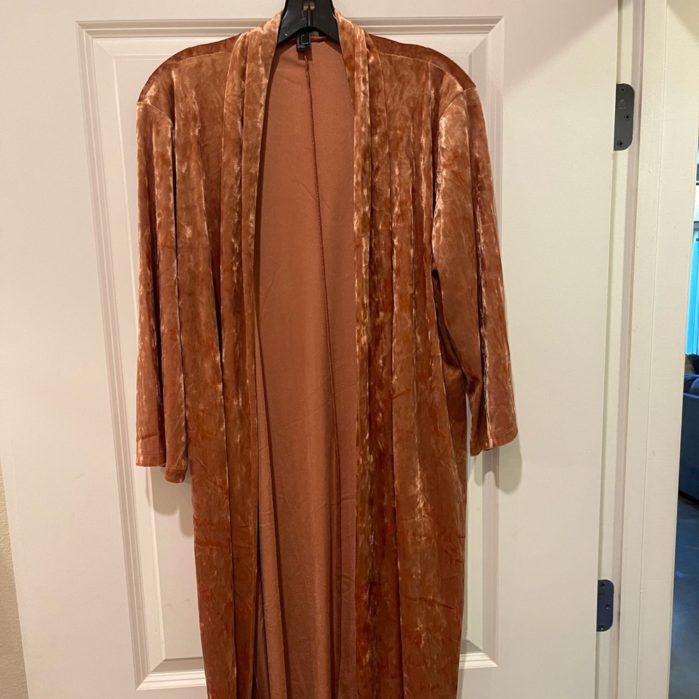 WORN ONCE! Long orange velvet kimono.
